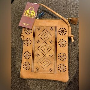 Tan brown faux leather Crossbody boho hippie bag purse shoulder NWT peace Alfa